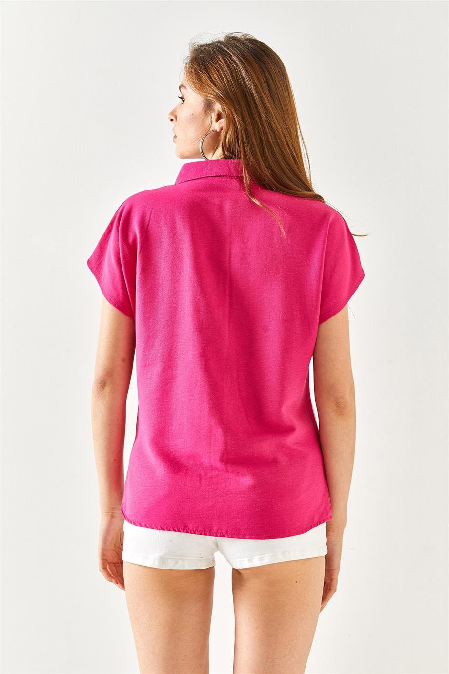 Fuschia Linen Short Sleeve Button-Down Shirt