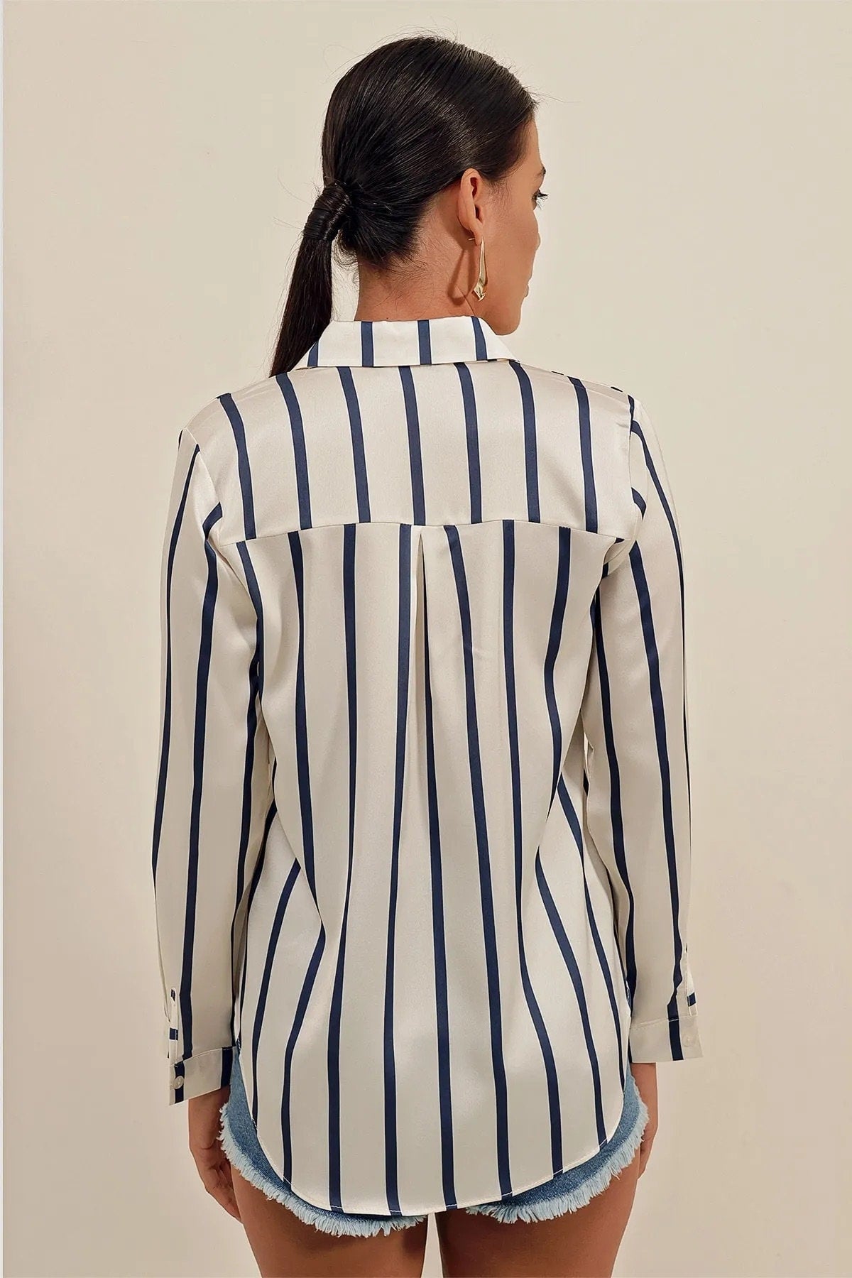 Navy & Ivory Striped Satin Blouse