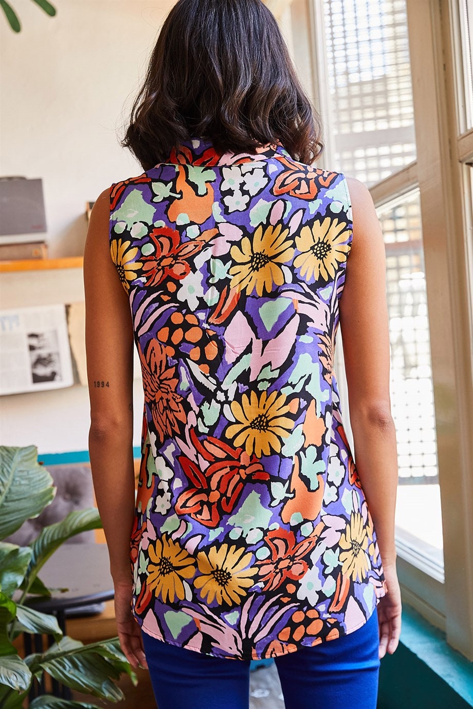 Purple Floral Sleeveless Blouse
