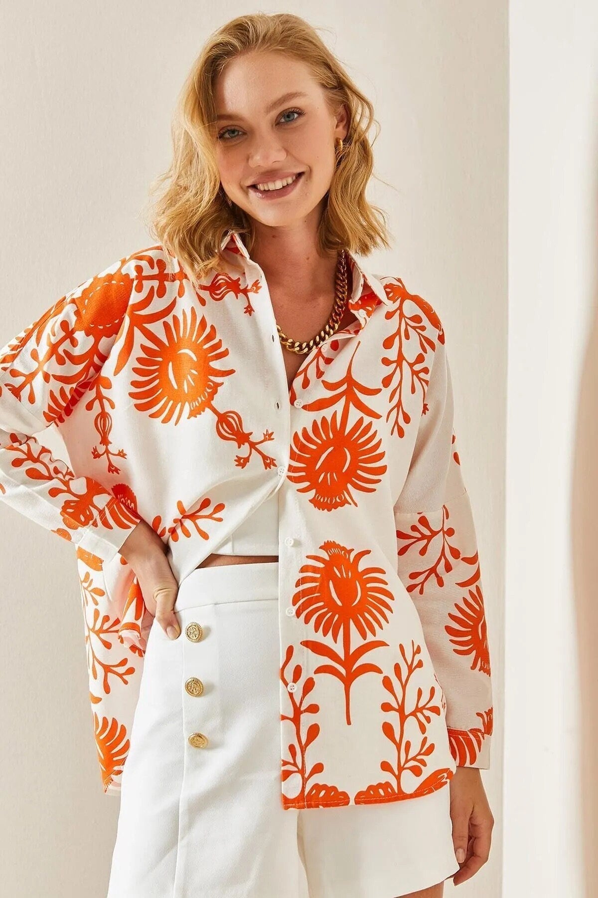 Lola Designer Blue Floral Long Sleeved Linen Blouse