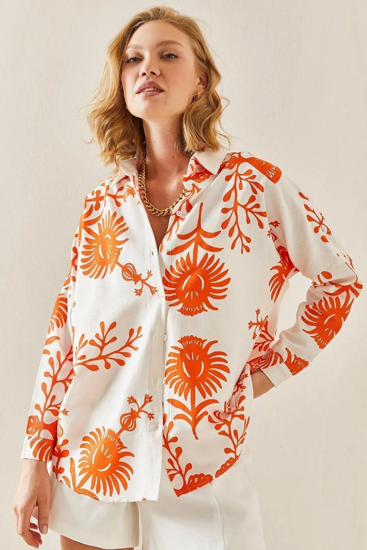 Lola Designer Blue Floral Long Sleeved Linen Blouse