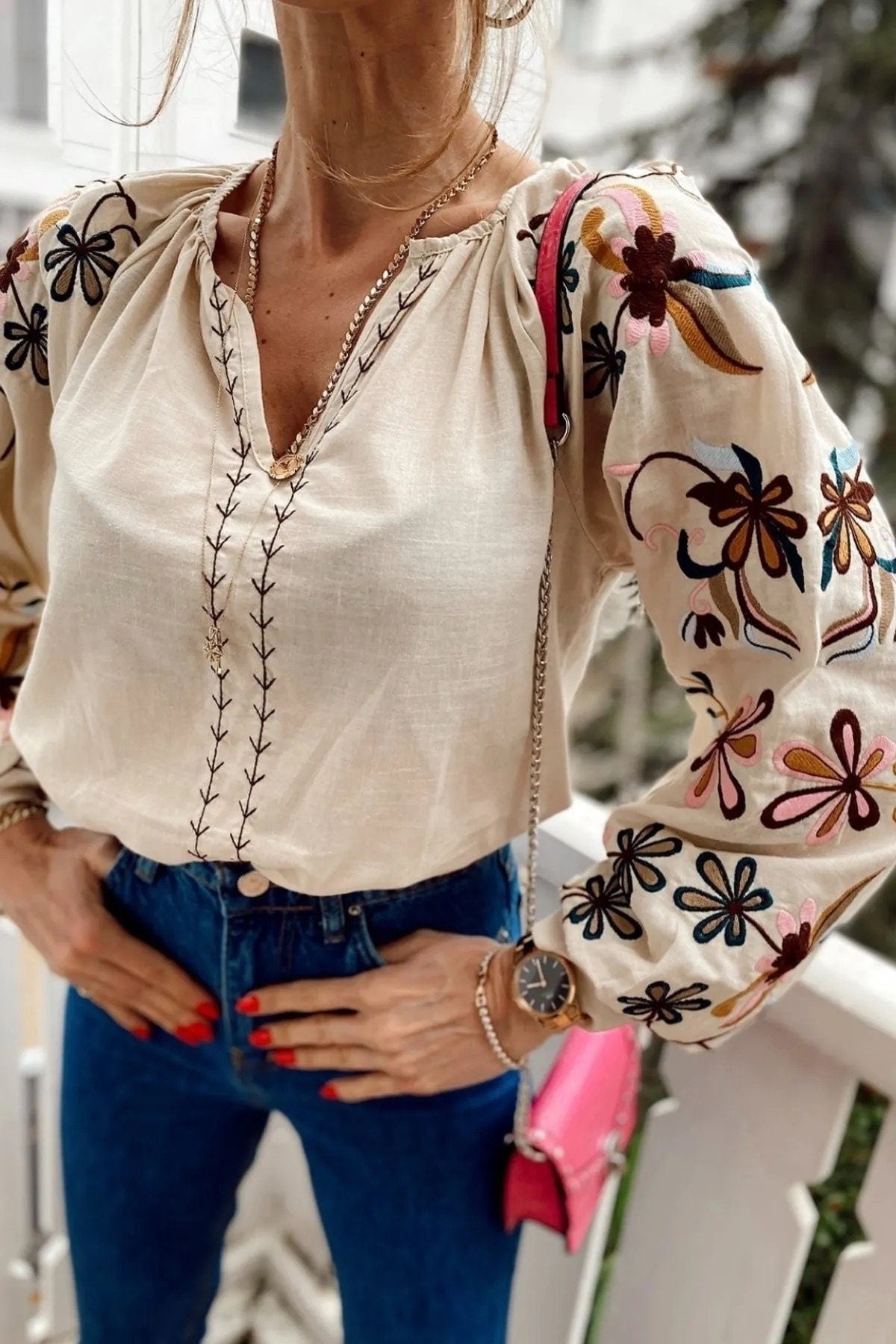 Beige Floral Embroidered Cotton Vyshyvanka Blouse