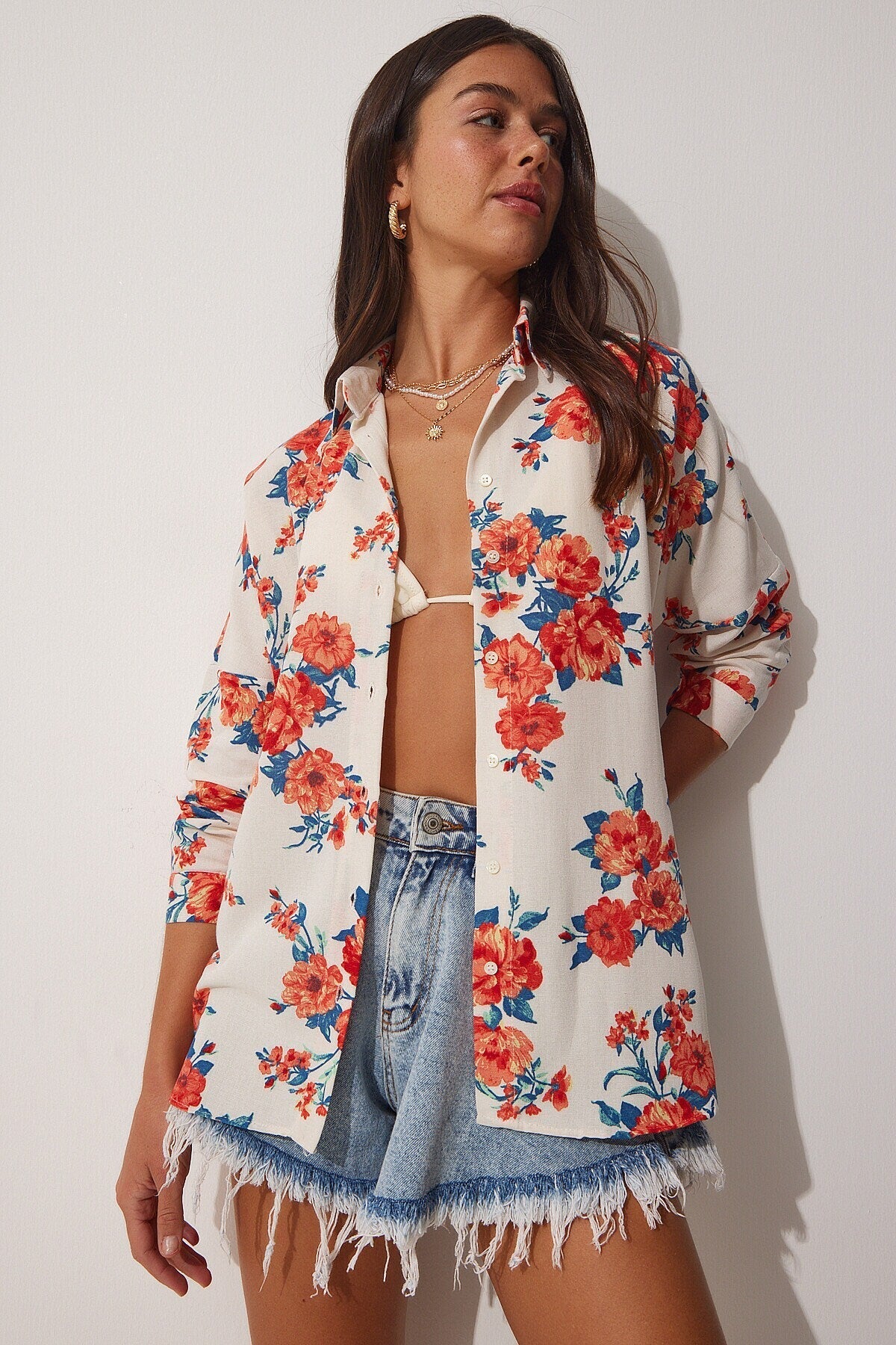 Lola Yellow Floral Pattern Linen Button Down Blouse