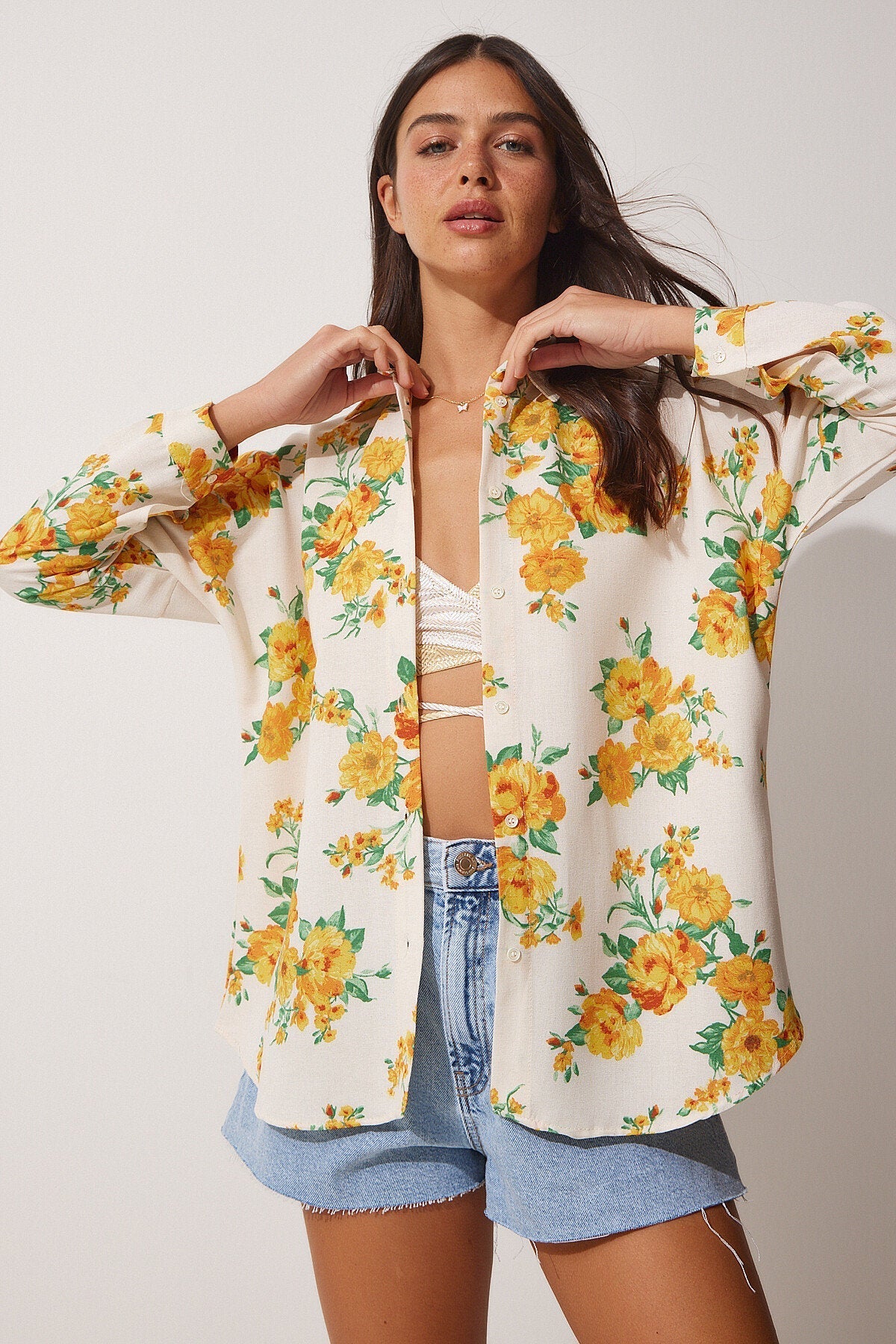 Lola Yellow Floral Pattern Linen Button Down Blouse
