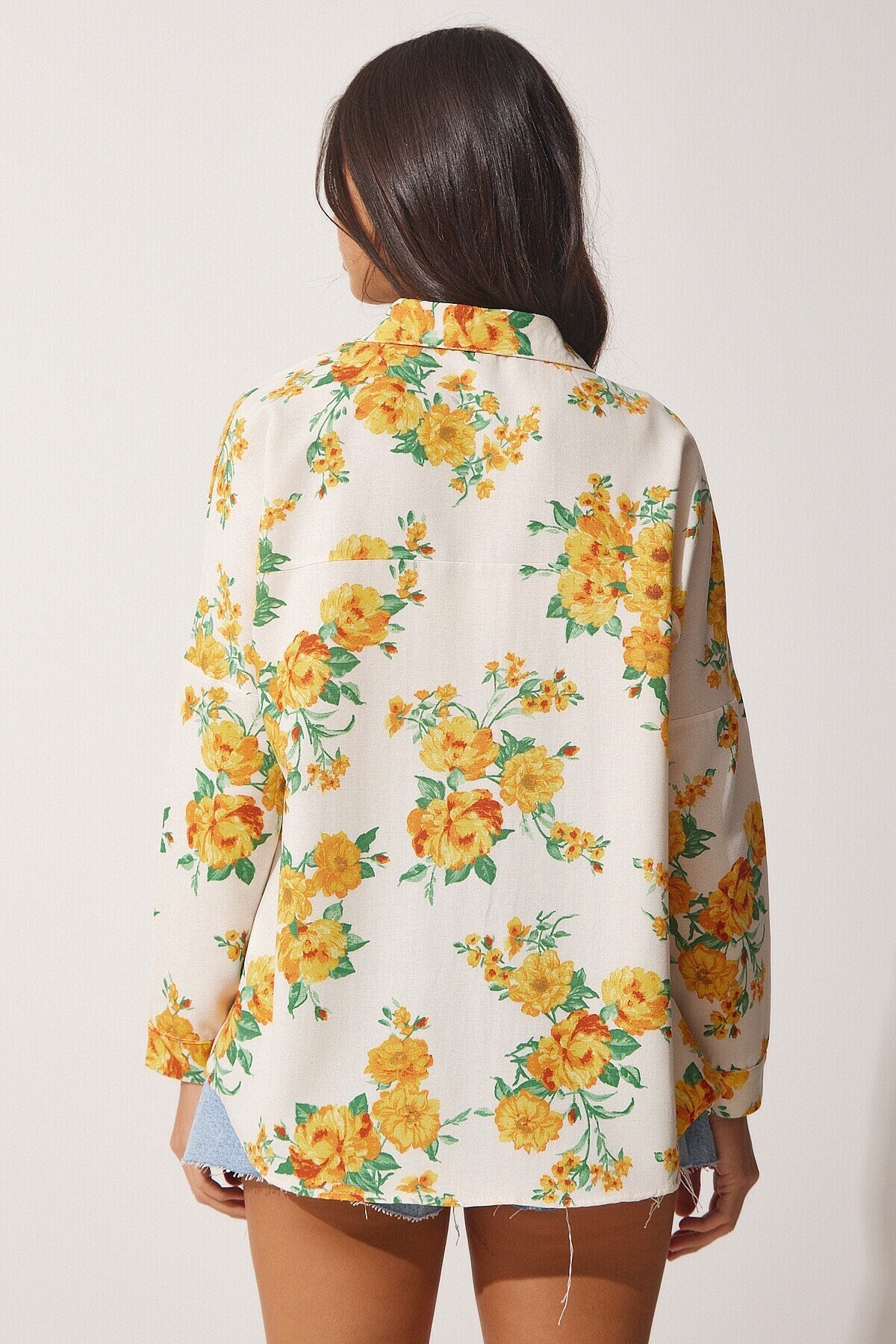 Lola Yellow Floral Pattern Linen Button Down Blouse