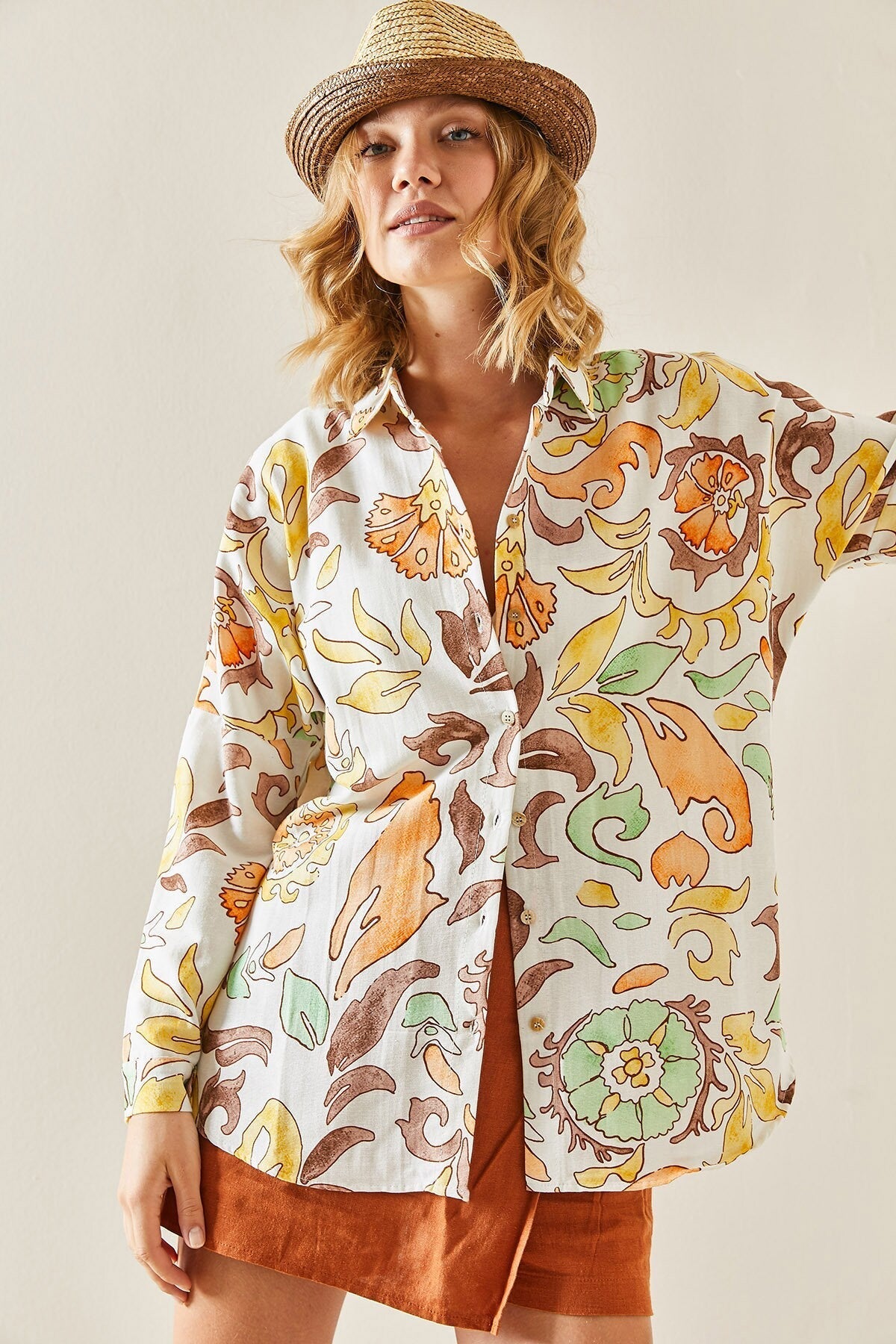 Lola Orange Floral Minimalist Linen Blouse