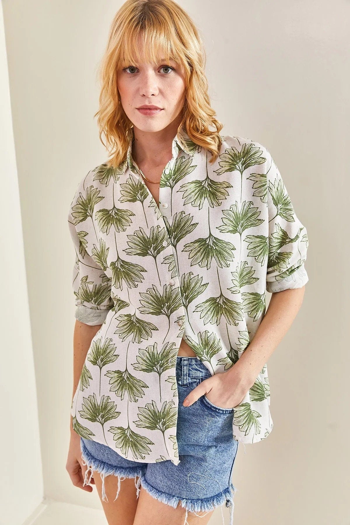 Lola Green Gingko Print Linen Blend Blouse