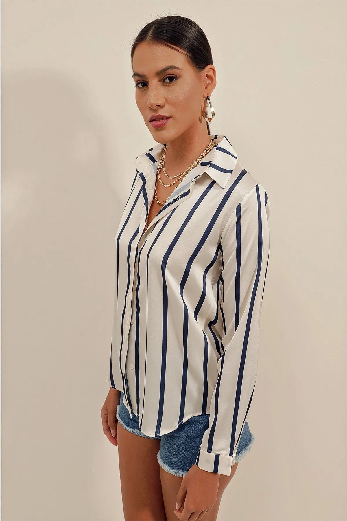 Navy & Ivory Striped Satin Blouse