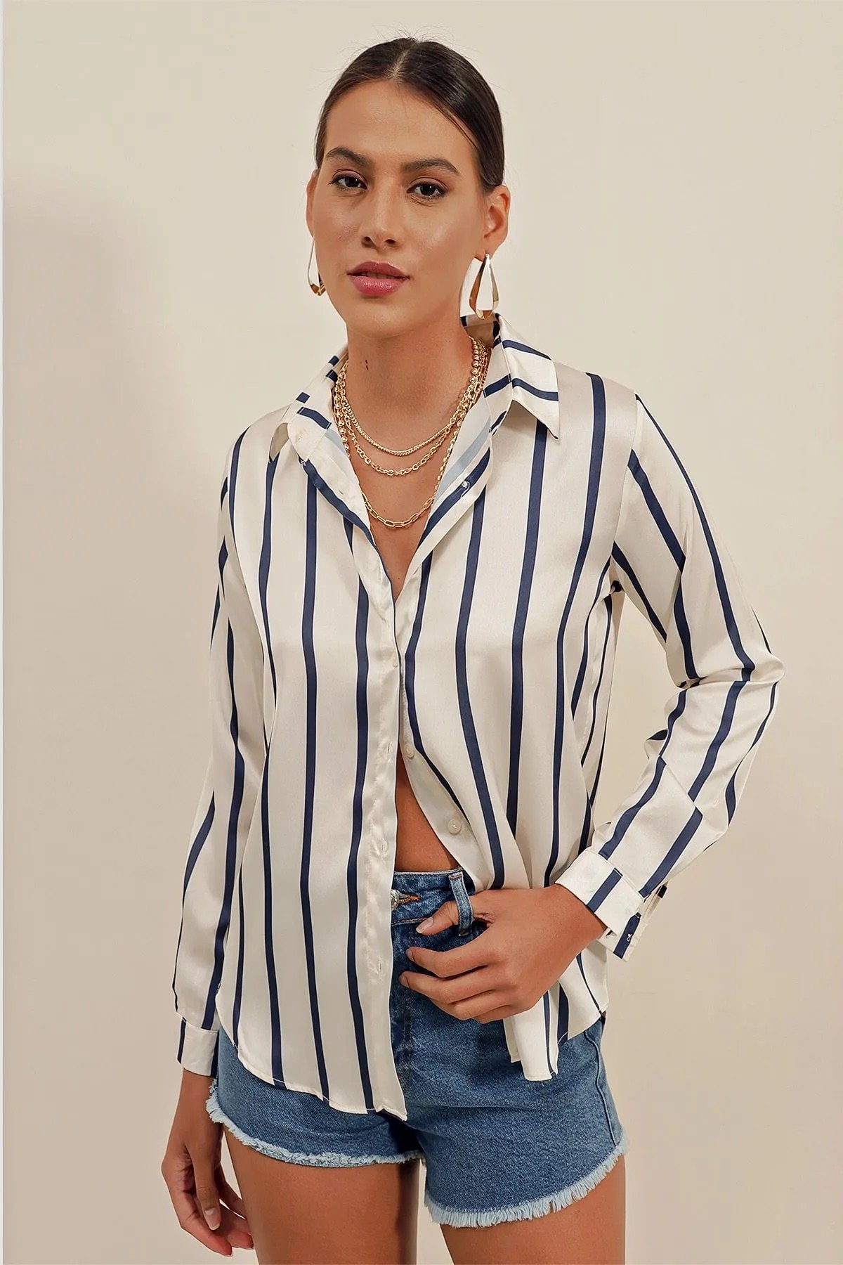 Navy & Ivory Striped Satin Blouse