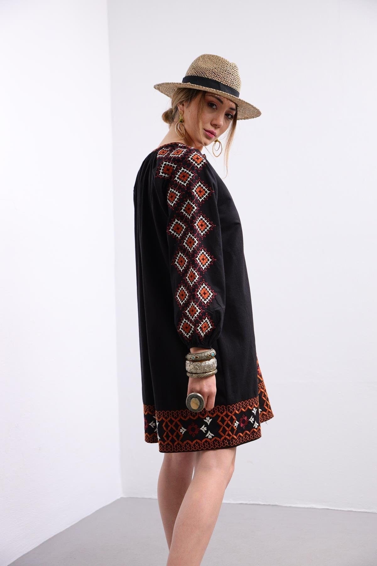 White Ethnic Embroidered Linen Dress