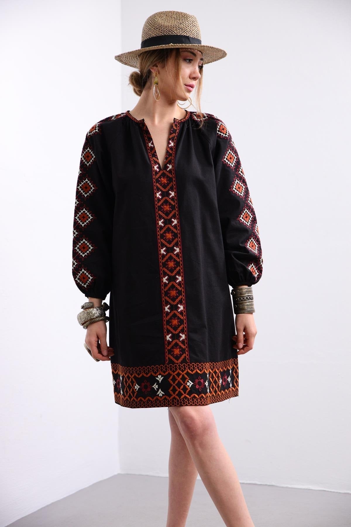 White Ethnic Embroidered Linen Dress