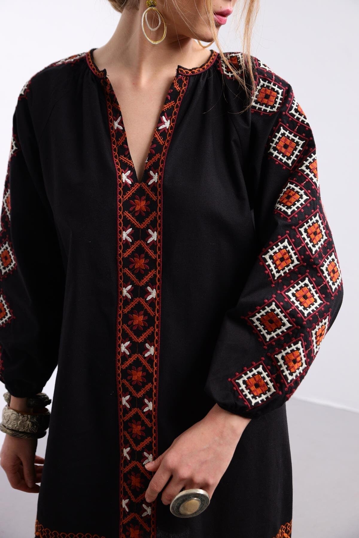 White Ethnic Embroidered Linen Dress