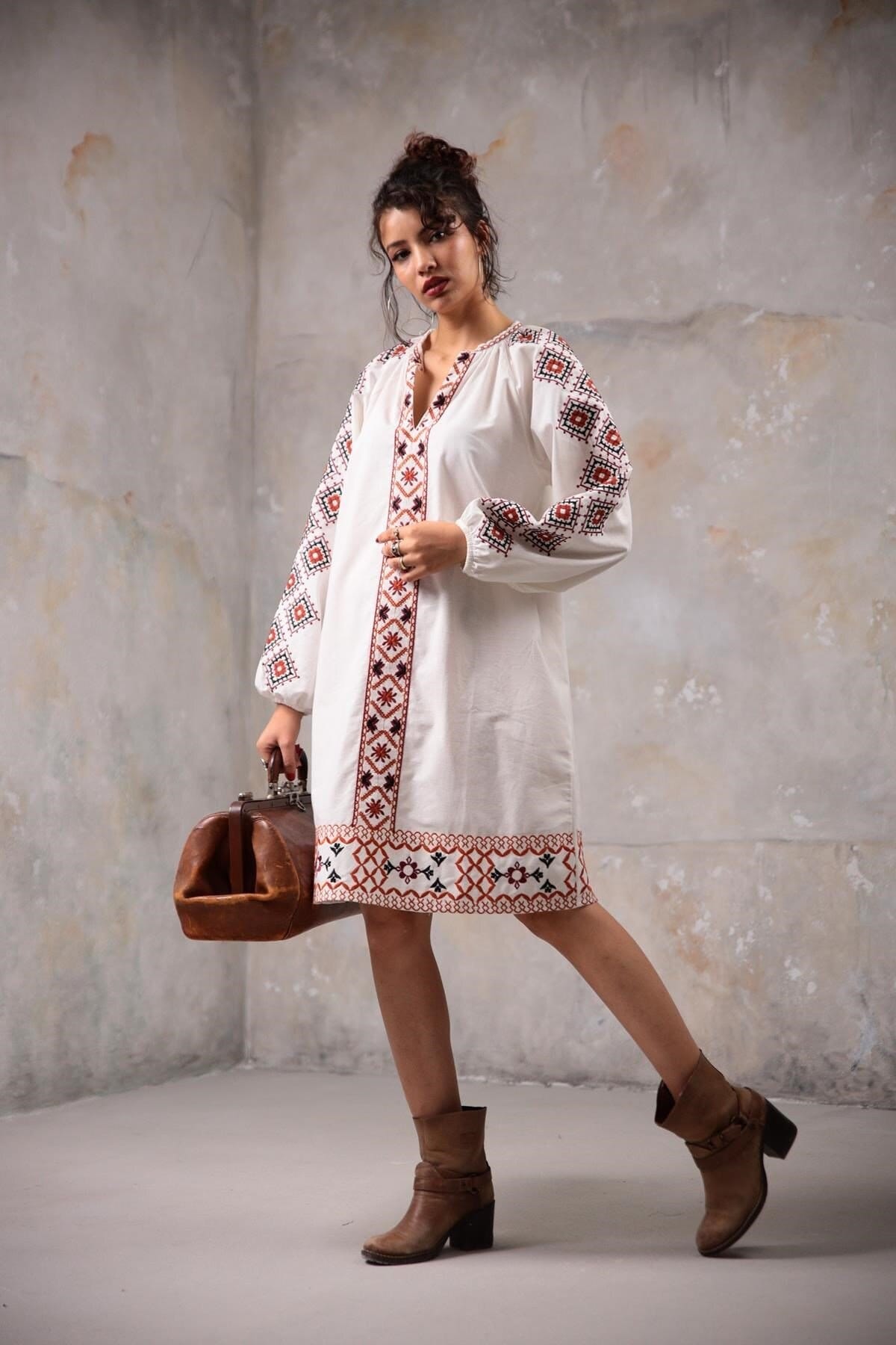 White Ethnic Embroidered Linen Dress