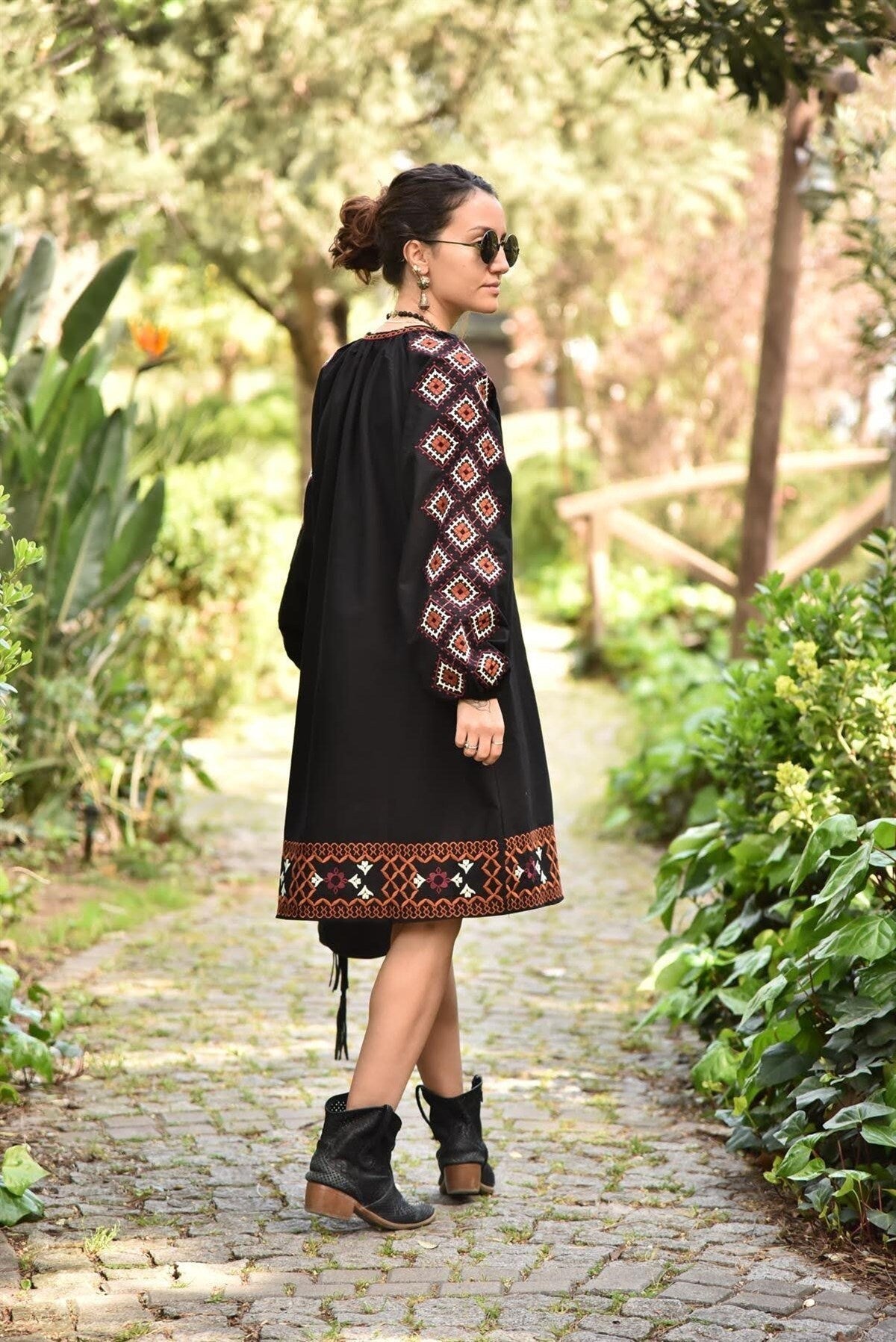 White Ethnic Embroidered Linen Dress