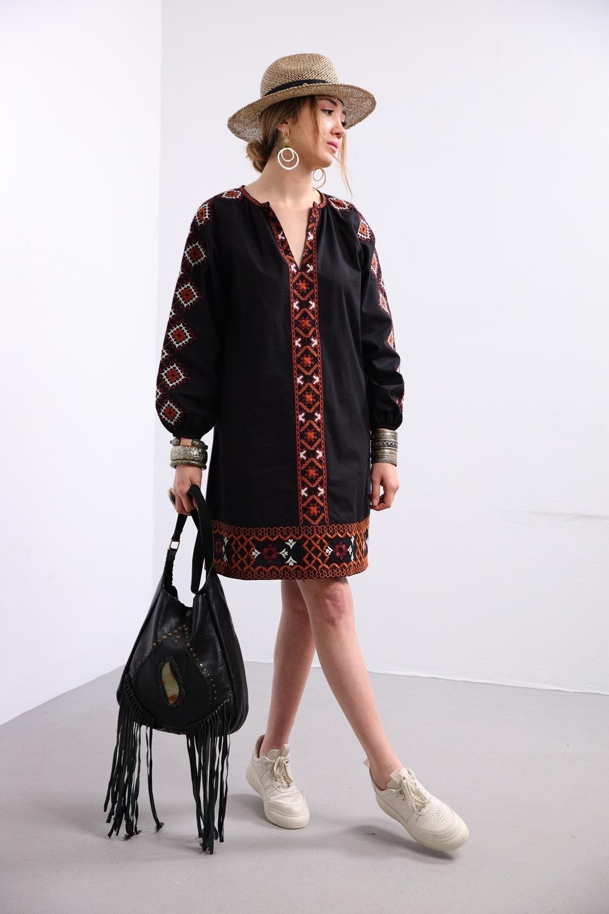 White Ethnic Embroidered Linen Dress