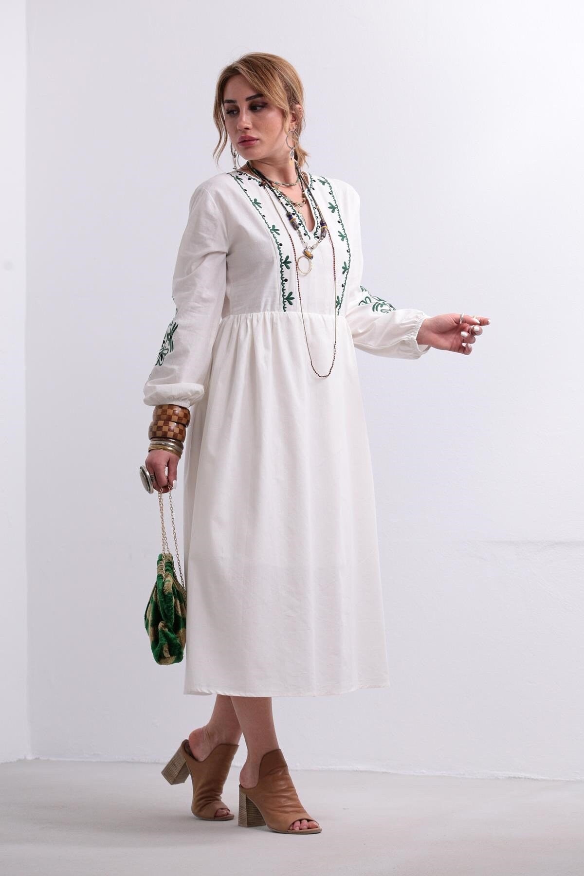 Red Floral Embroidered White Maxi Long Ethnic Dress