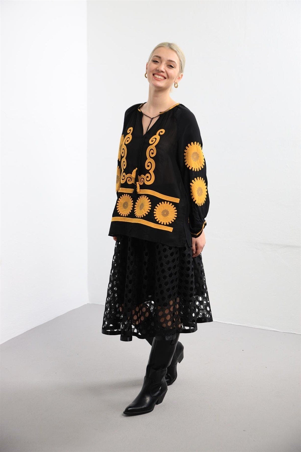 Black Sunflower Embroidered Blouse