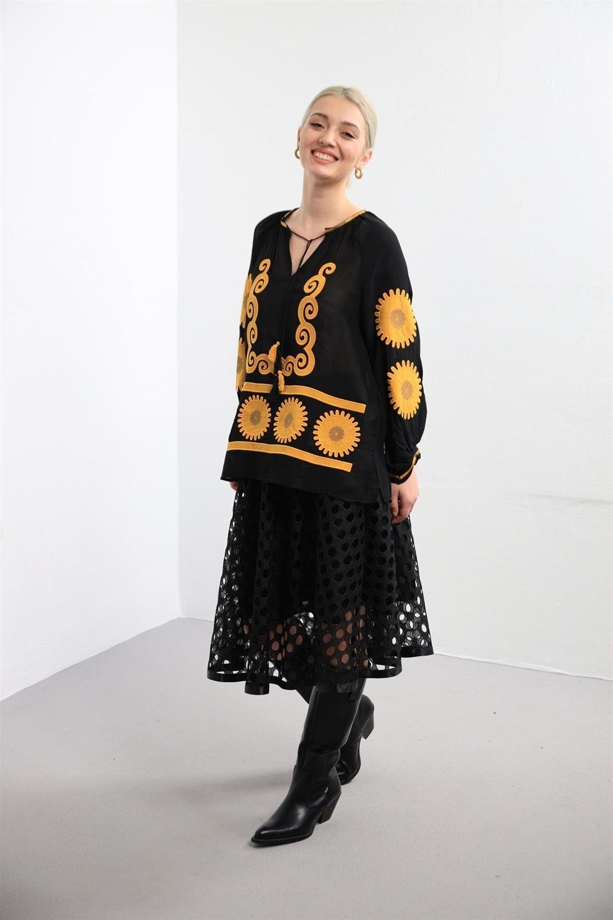 Black Sunflower Embroidered Blouse