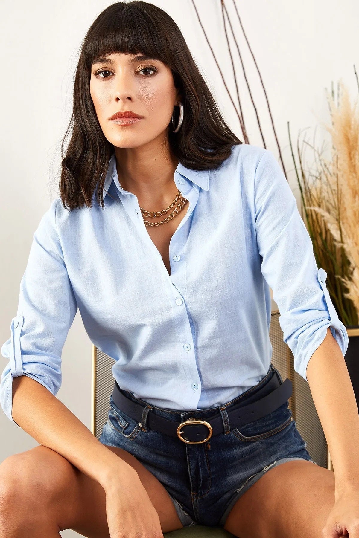 Blusa clásica de lino de manga larga