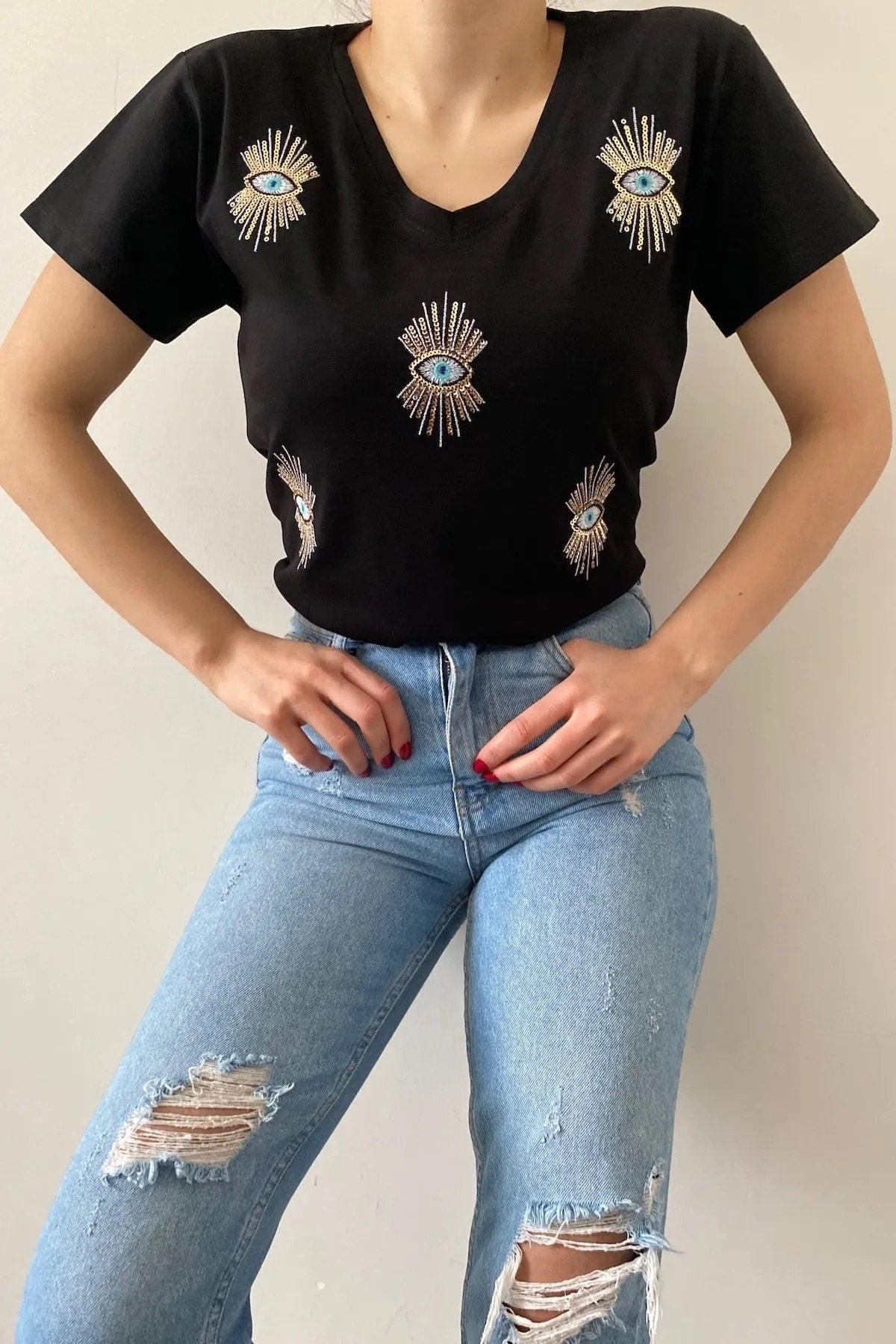Tilda Evil Eye Sequin T-Shirt - Black