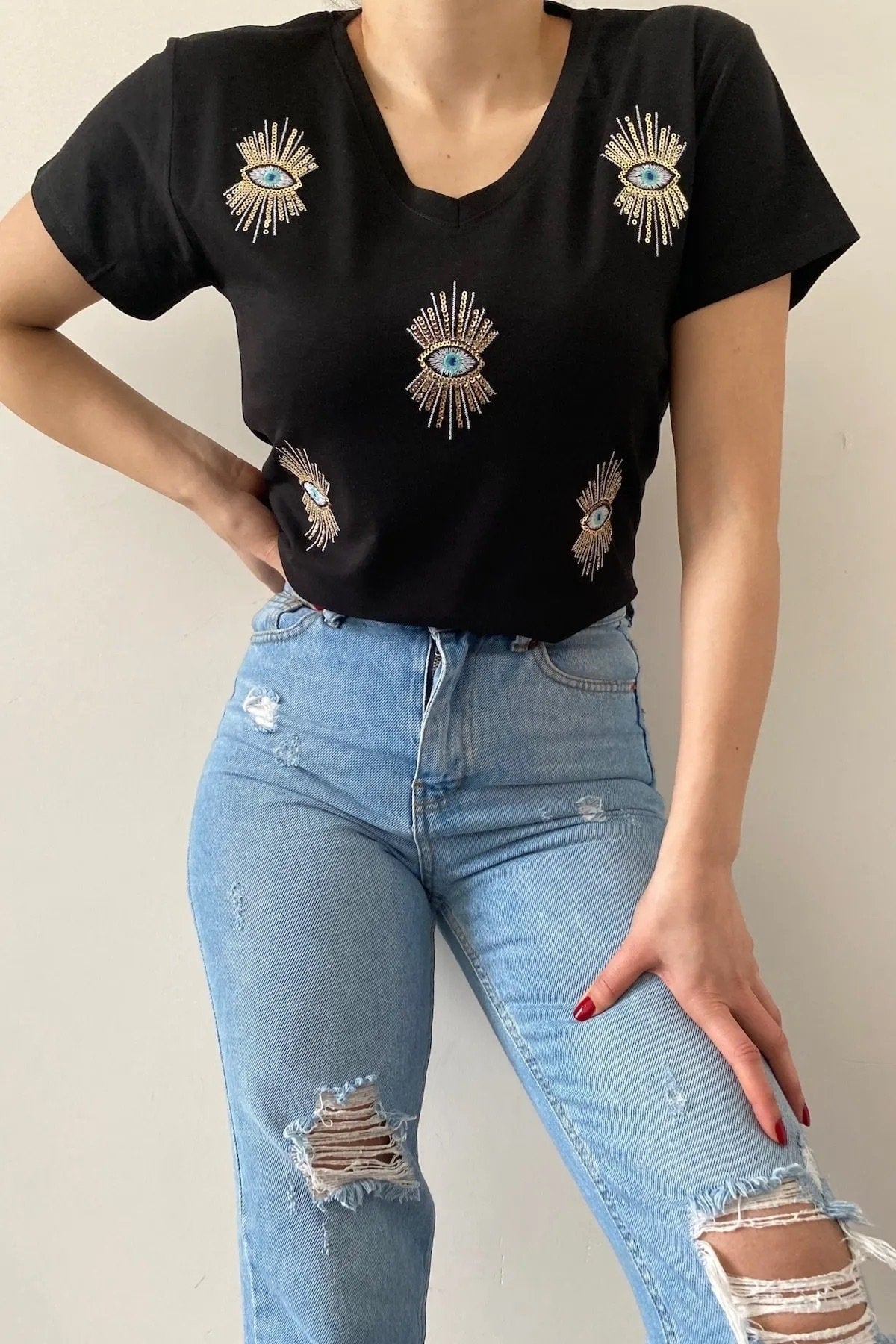 Tilda Evil Eye Sequin T-Shirt - Black