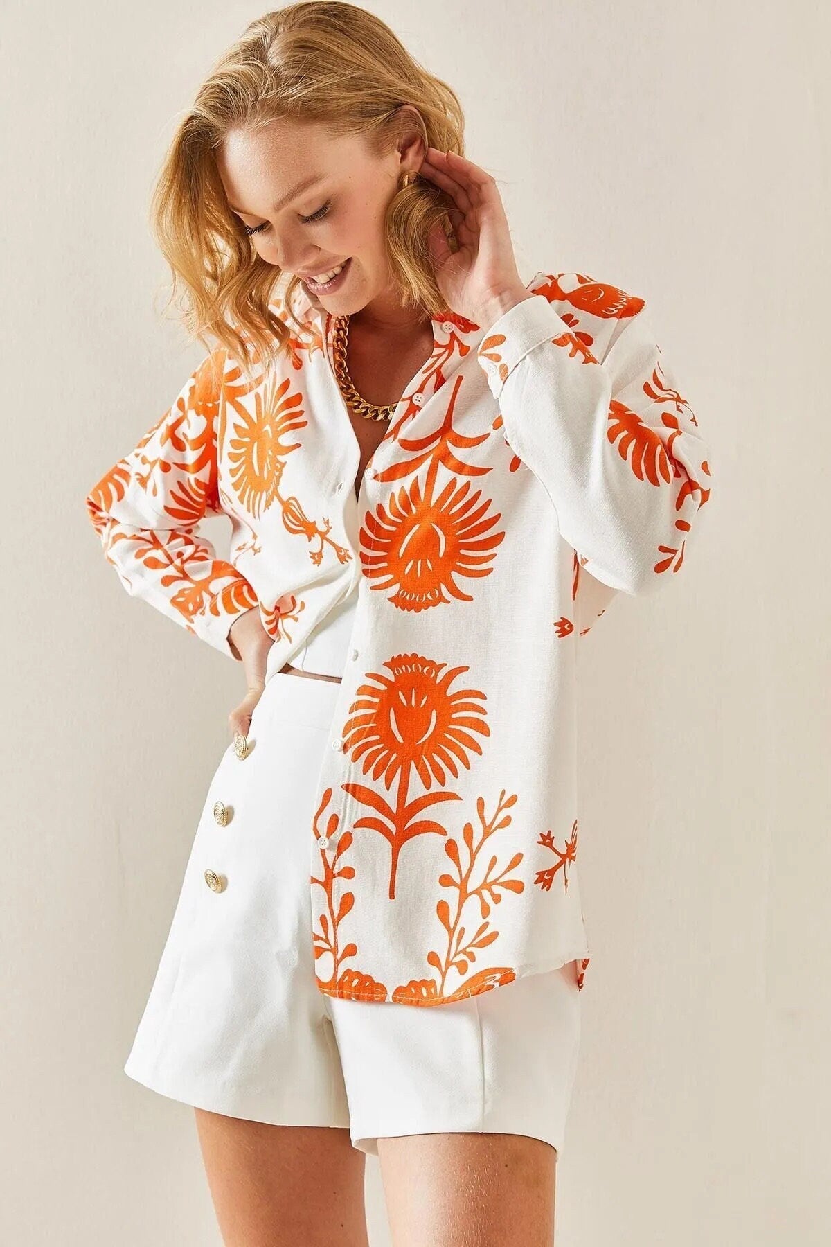 Lola Designer Blue Floral Long Sleeved Linen Blouse