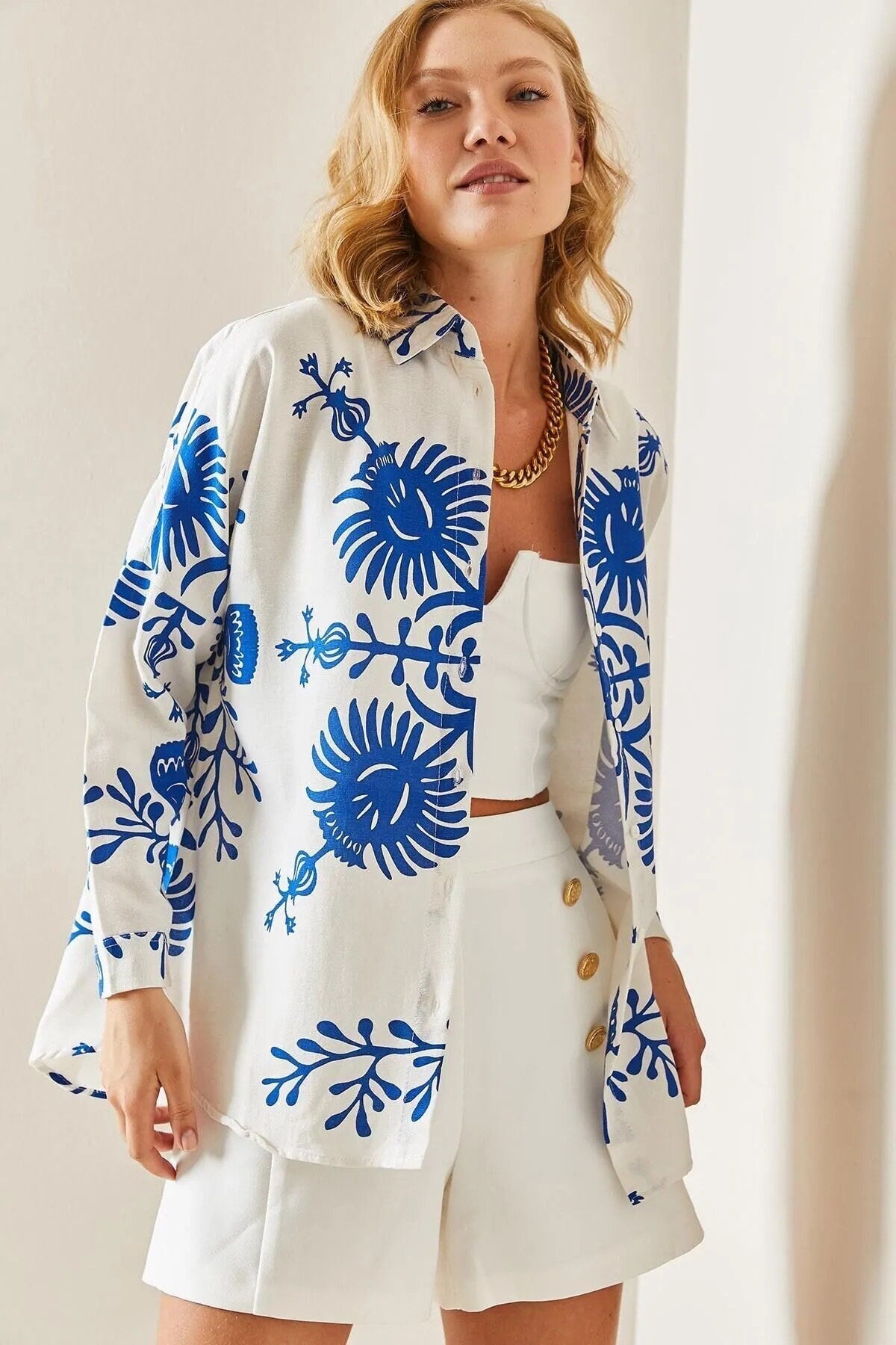 Lola Designer Blue Floral Long Sleeved Linen Blouse