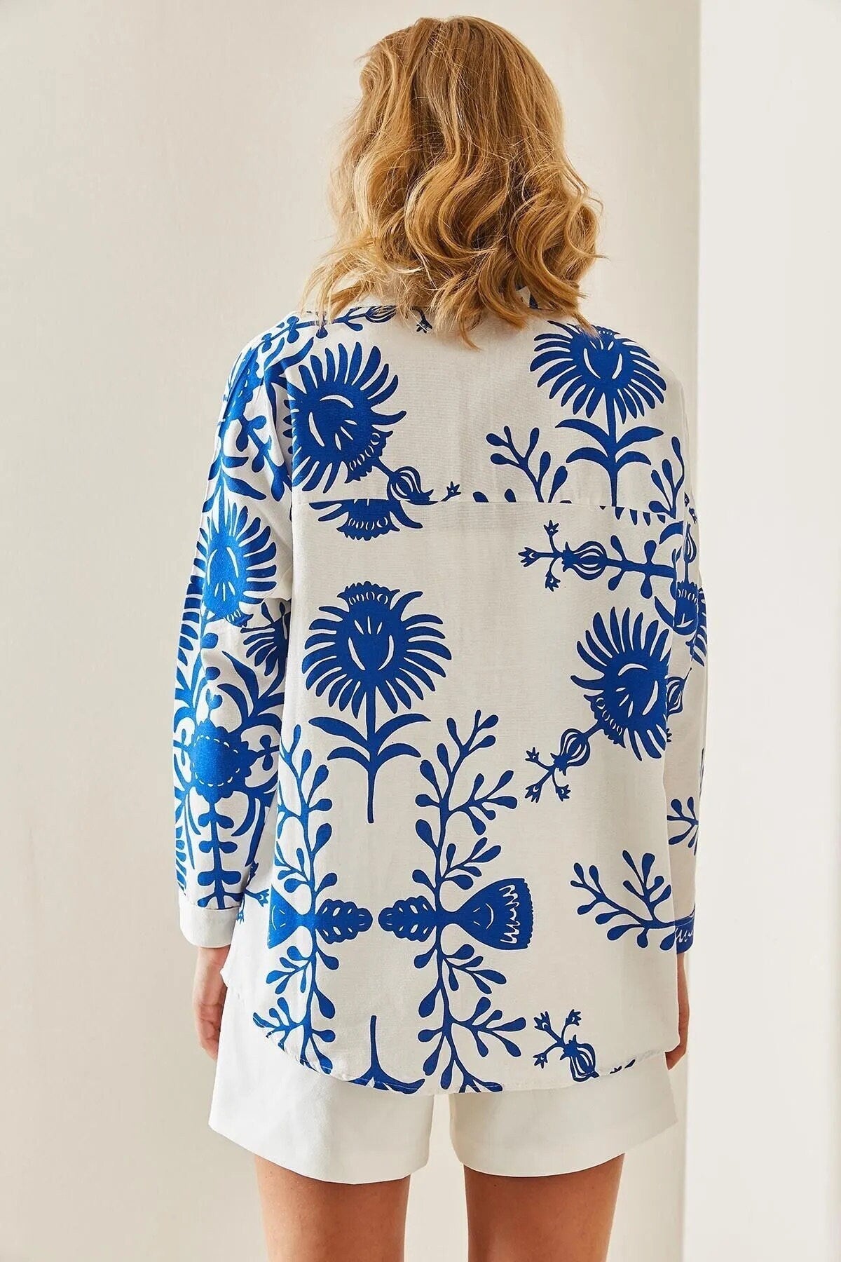 Lola Designer Blue Floral Long Sleeved Linen Blouse