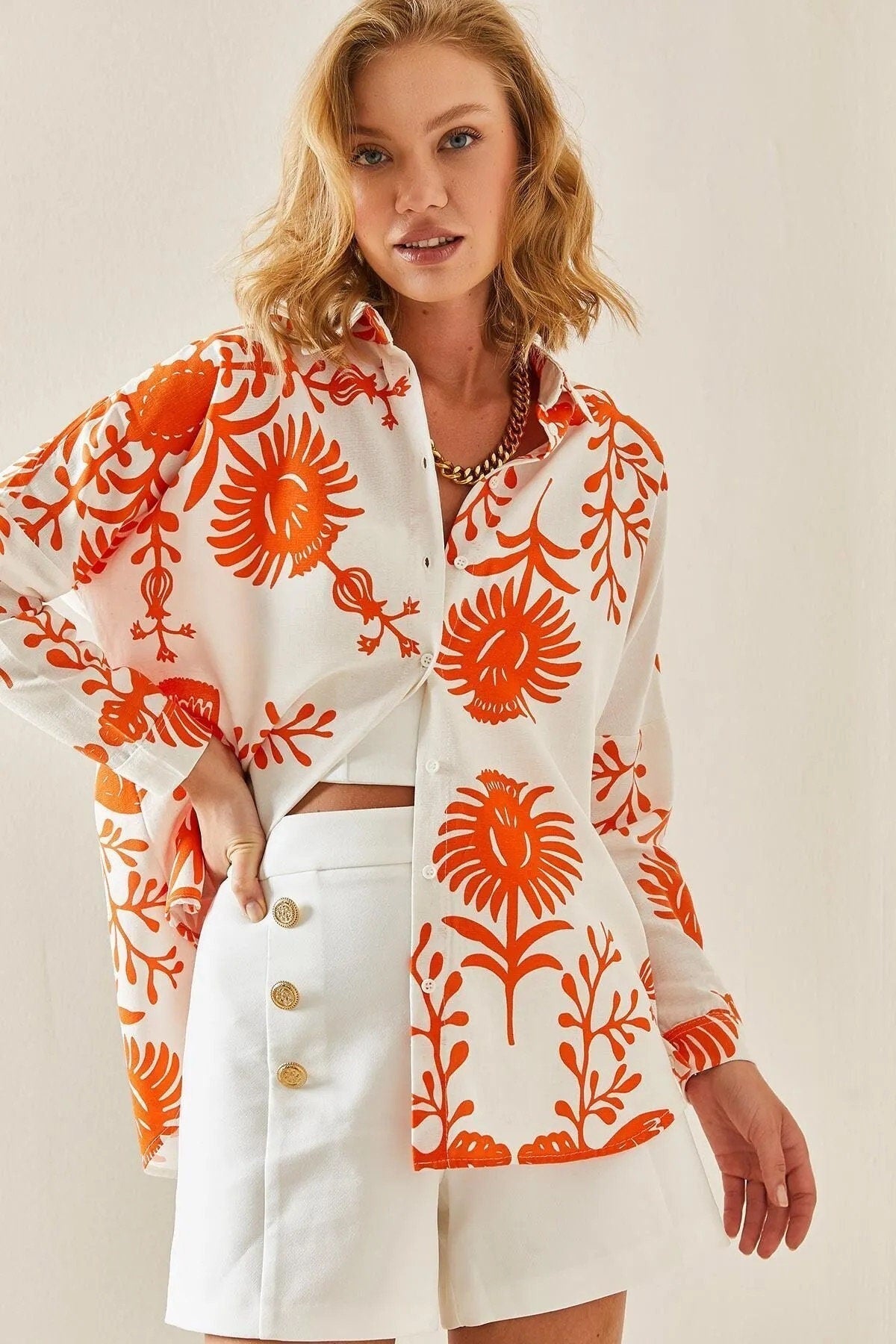 Lola Designer Blue Floral Long Sleeved Linen Blouse