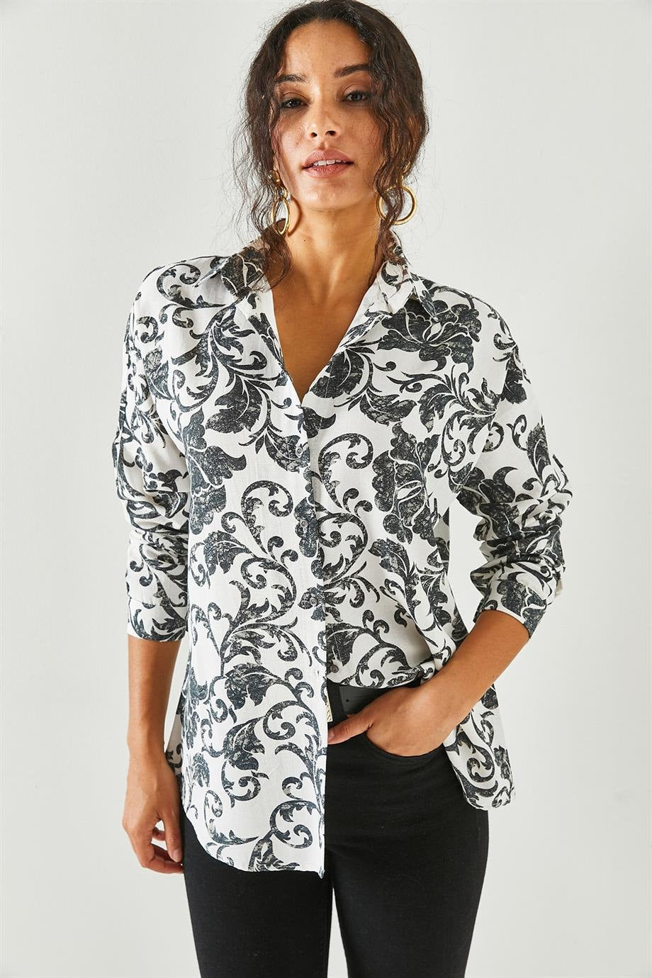 Lola Black Floral Linen Button Down Shirt