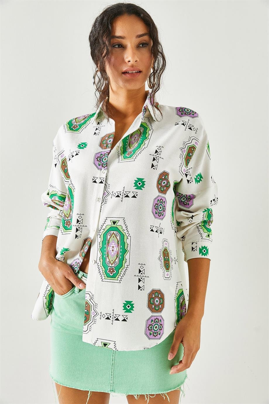 Lola Green Ethnic Print Linen Blouse