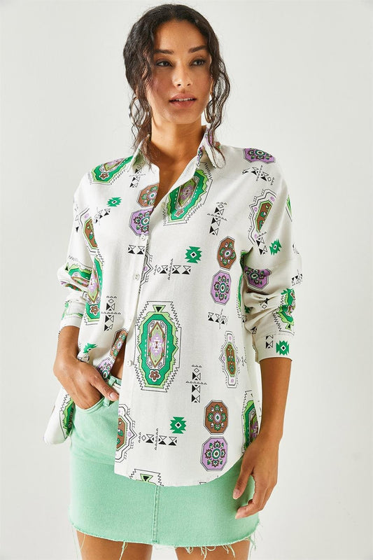 Lola Green Ethnic Print Linen Blouse