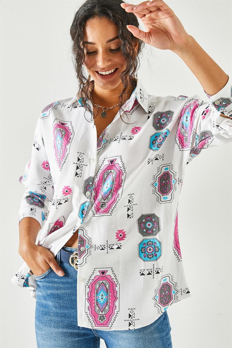 Lola Pink Ethnic Print Linen Blouse