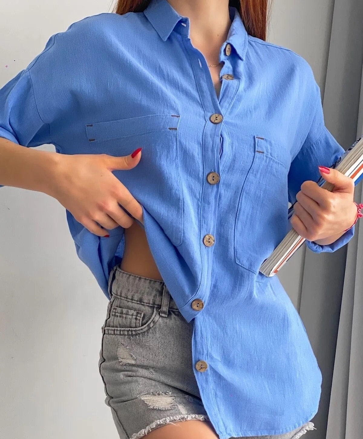 Blouse met lange mouwen van katoen-linnenmix