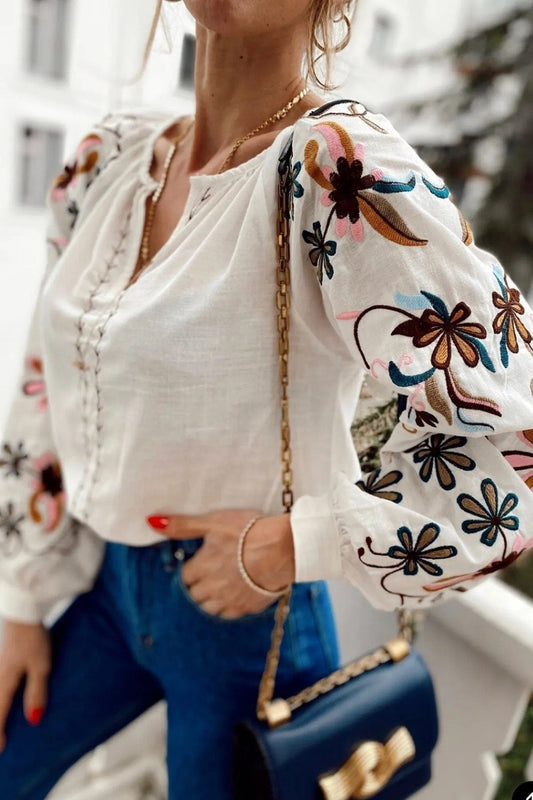 Ivory Floral Embroidered Cotton Vyshyvanka Blouse