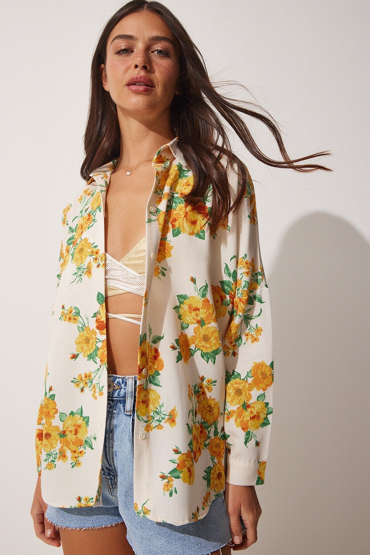 Lola Yellow Floral Pattern Linen Button Down Blouse