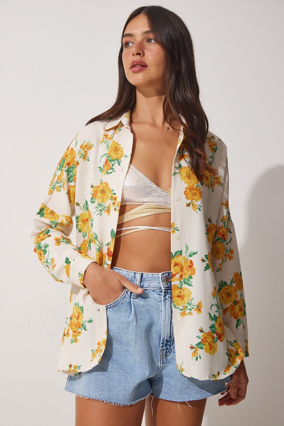 Lola Yellow Floral Pattern Linen Button Down Blouse
