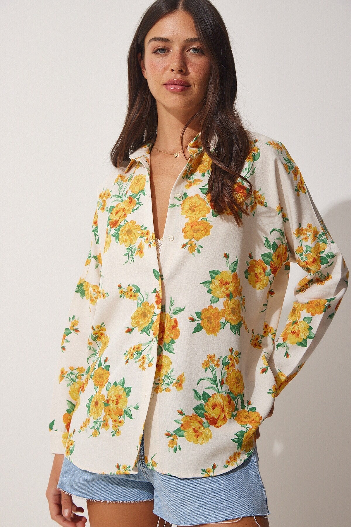 Lola Yellow Floral Pattern Linen Button Down Blouse