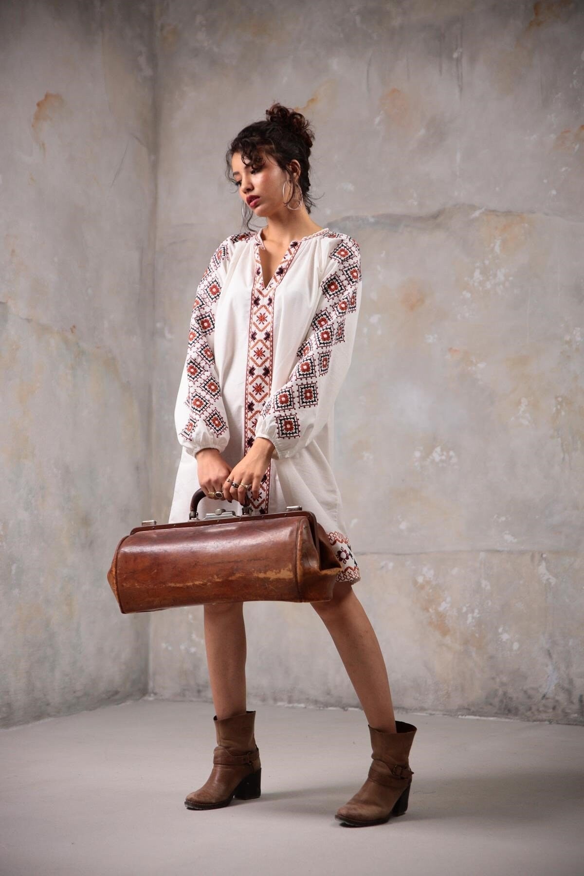 White Ethnic Embroidered Linen Dress