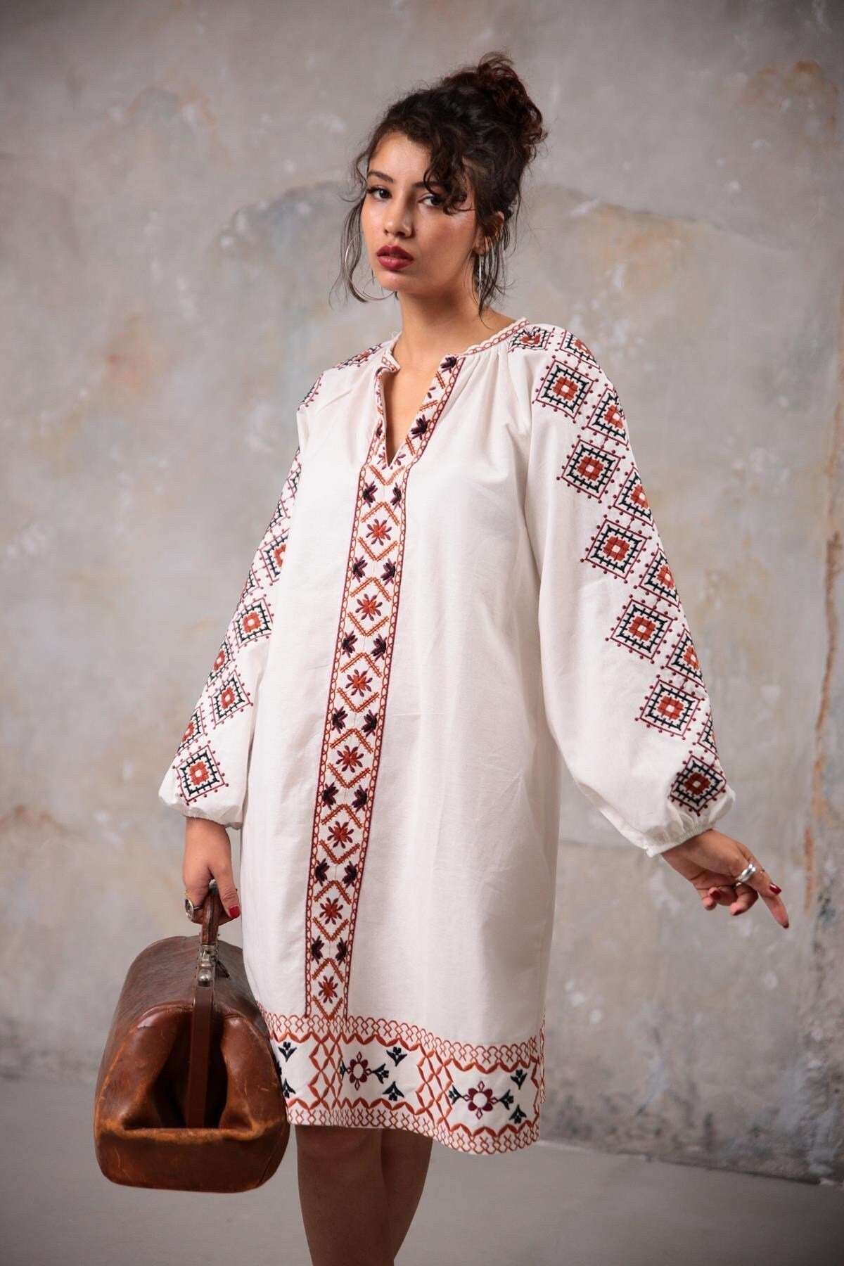 White Ethnic Embroidered Linen Dress