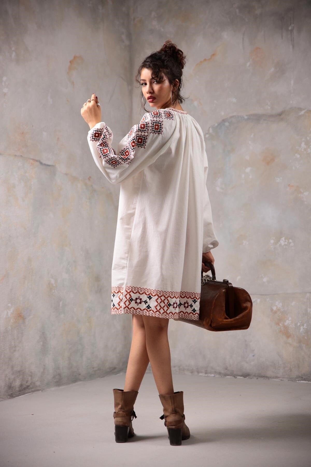 White Ethnic Embroidered Linen Dress