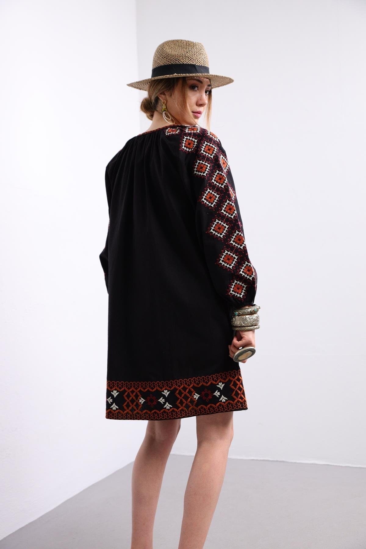 White Ethnic Embroidered Linen Dress