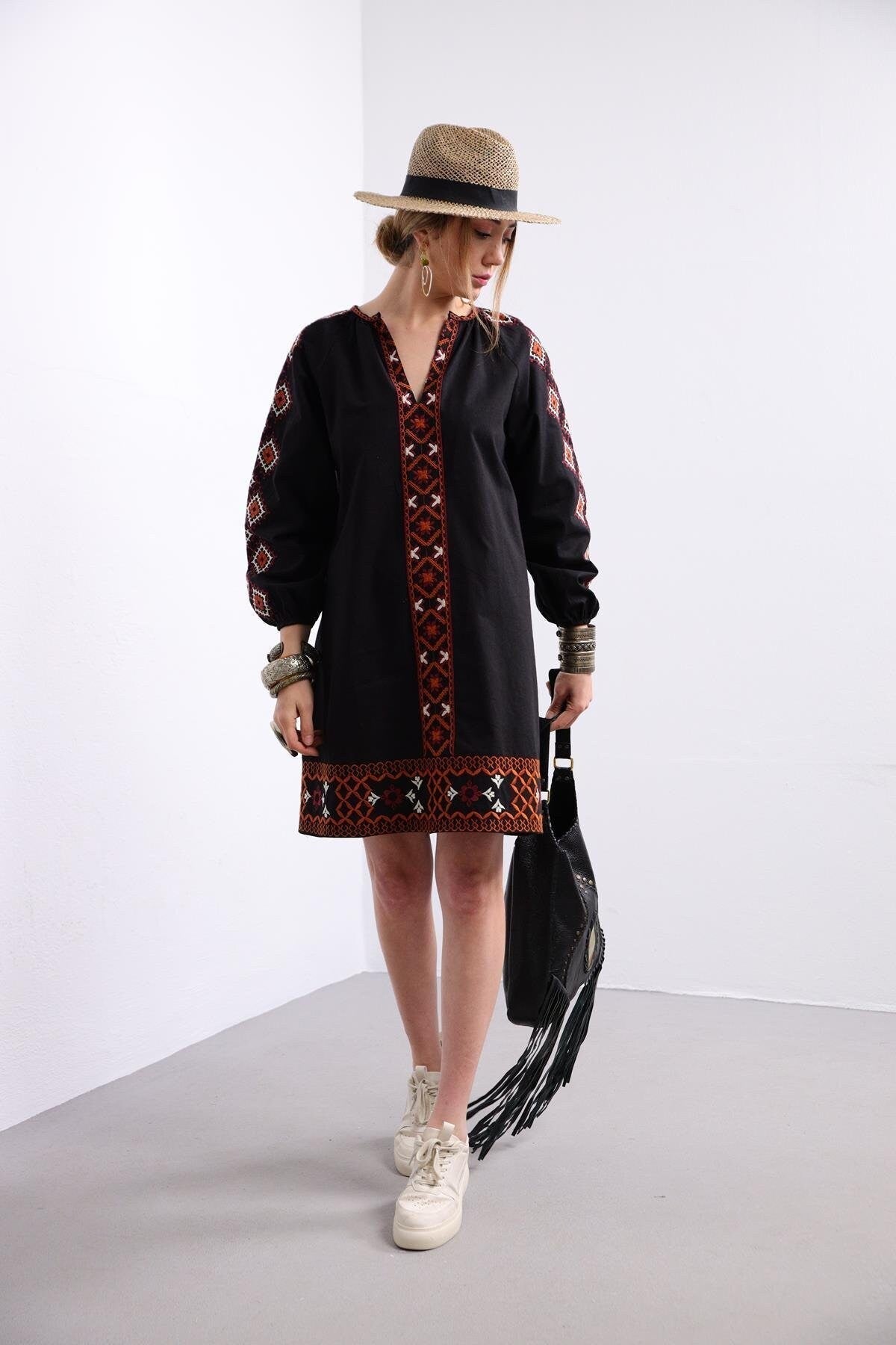 White Ethnic Embroidered Linen Dress