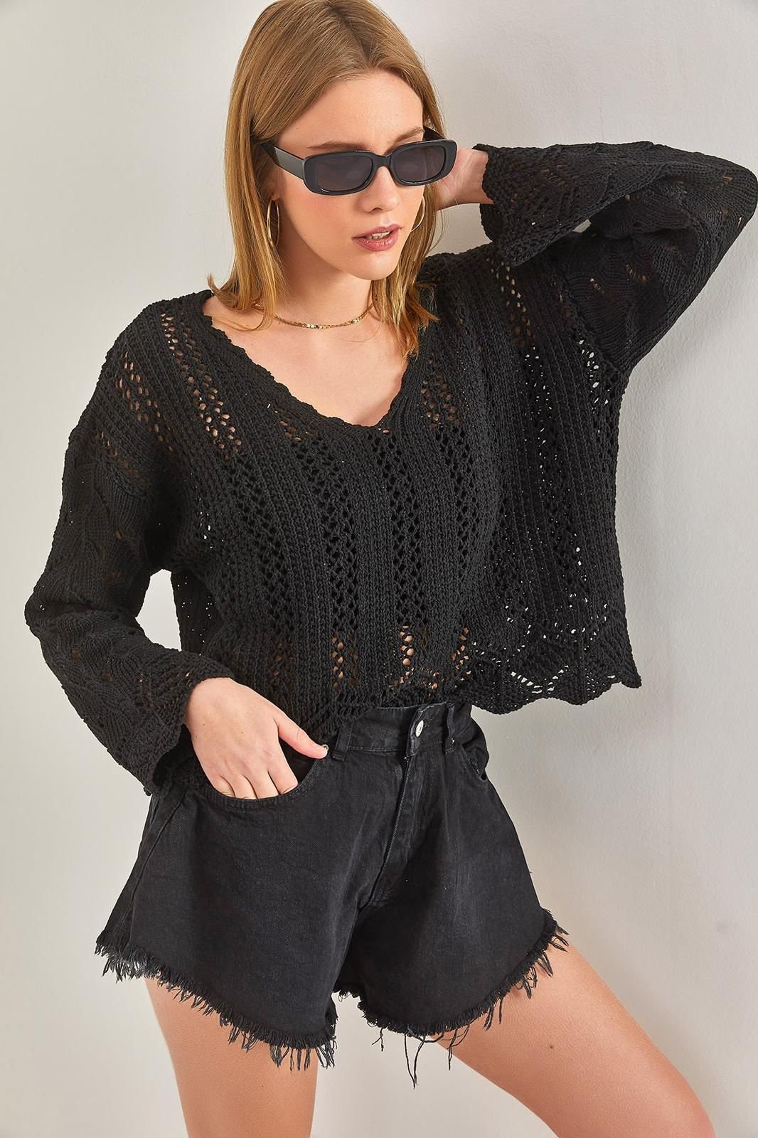 Cassie Black Chic Breezy Boho Crochet Sweater