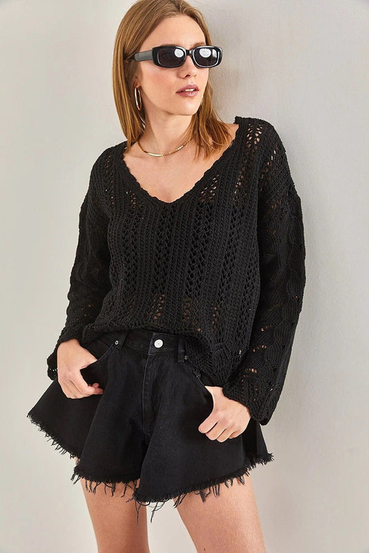 Cassie Black Chic Breezy Boho Crochet Sweater