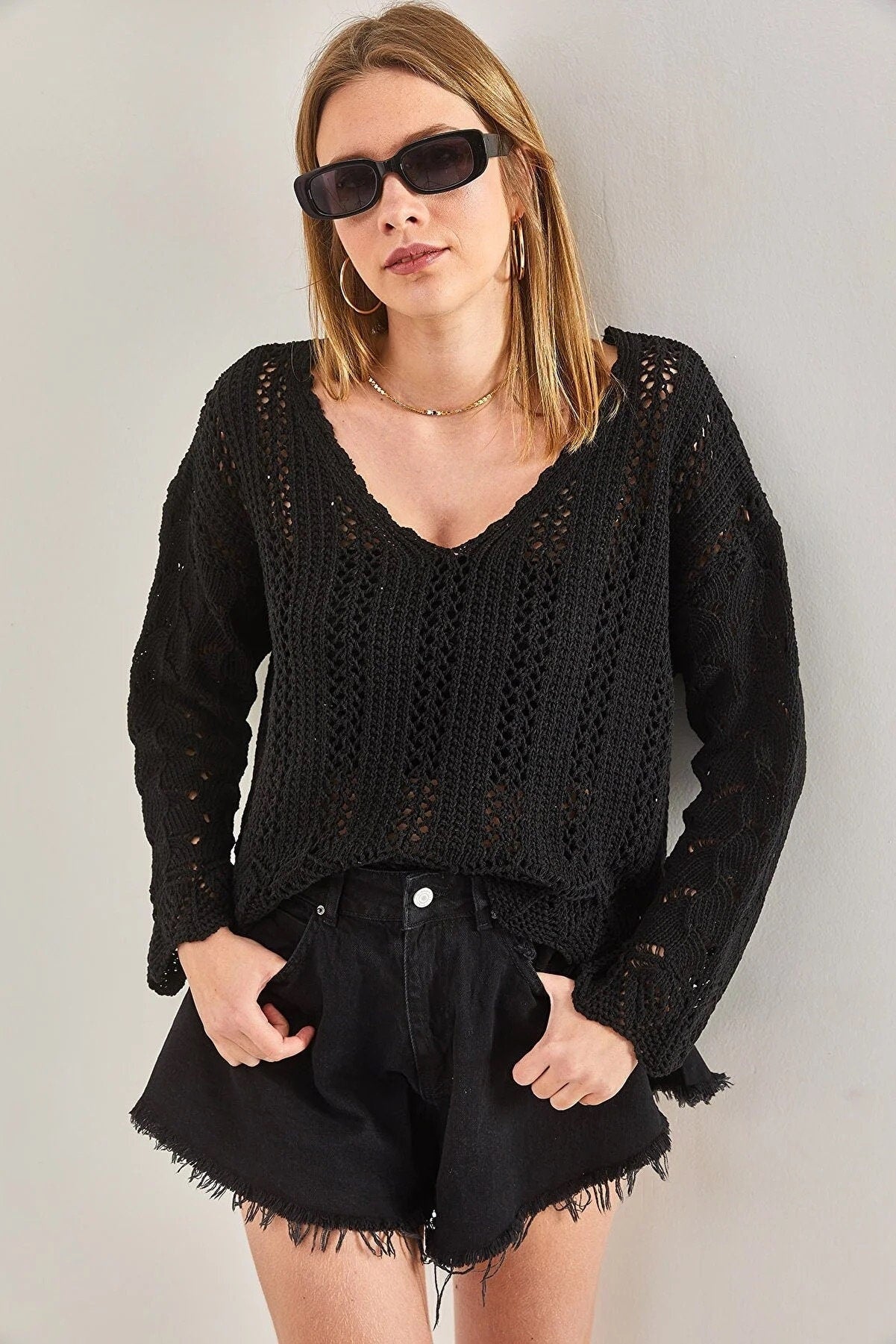 Cassie Black Chic Breezy Boho Crochet Sweater