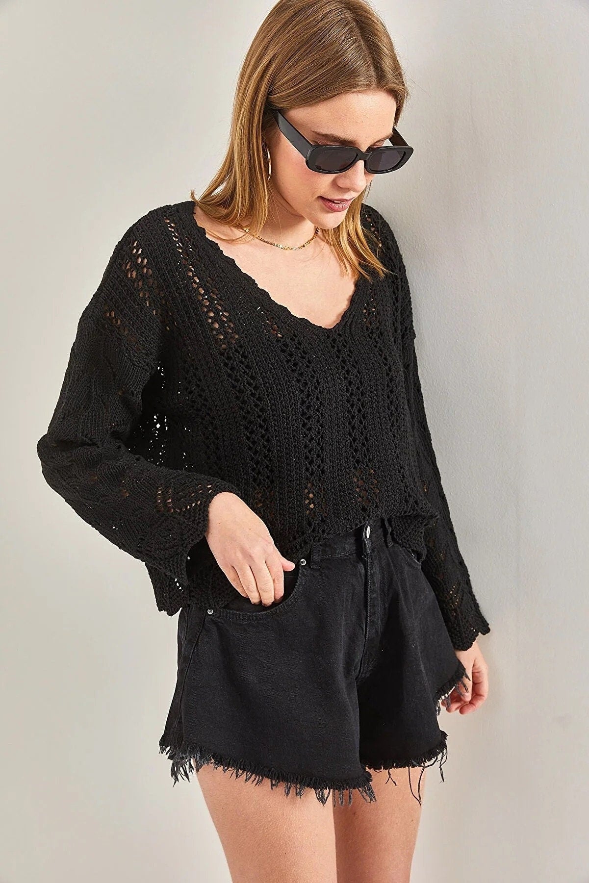 Cassie Black Chic Breezy Boho Crochet Sweater