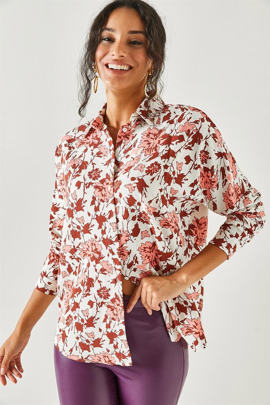 Lola Brown Floral Linen Button Down Shirt
