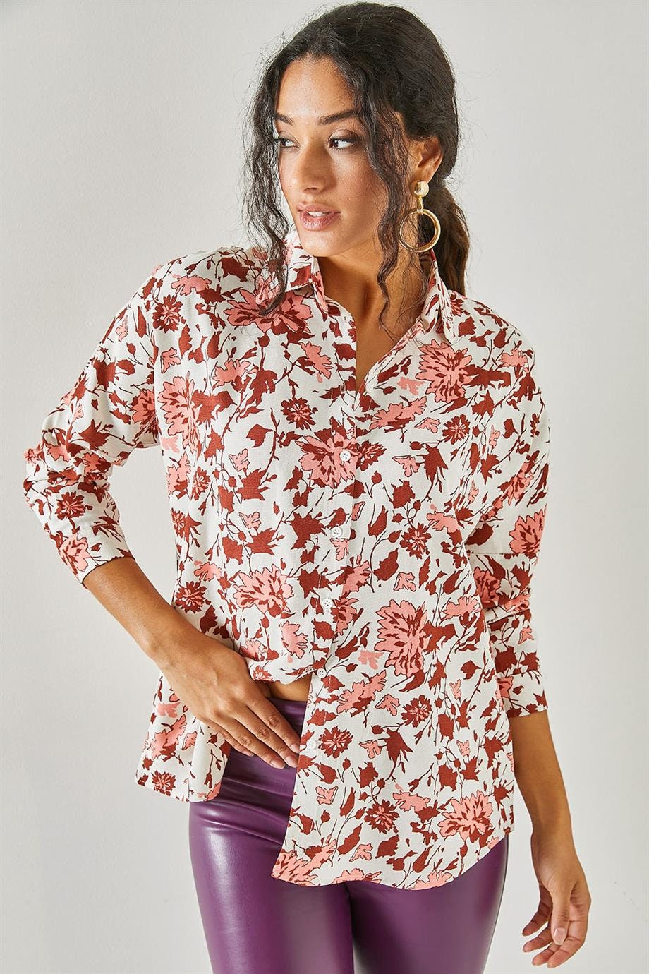 Lola Brown Floral Linen Button Down Shirt