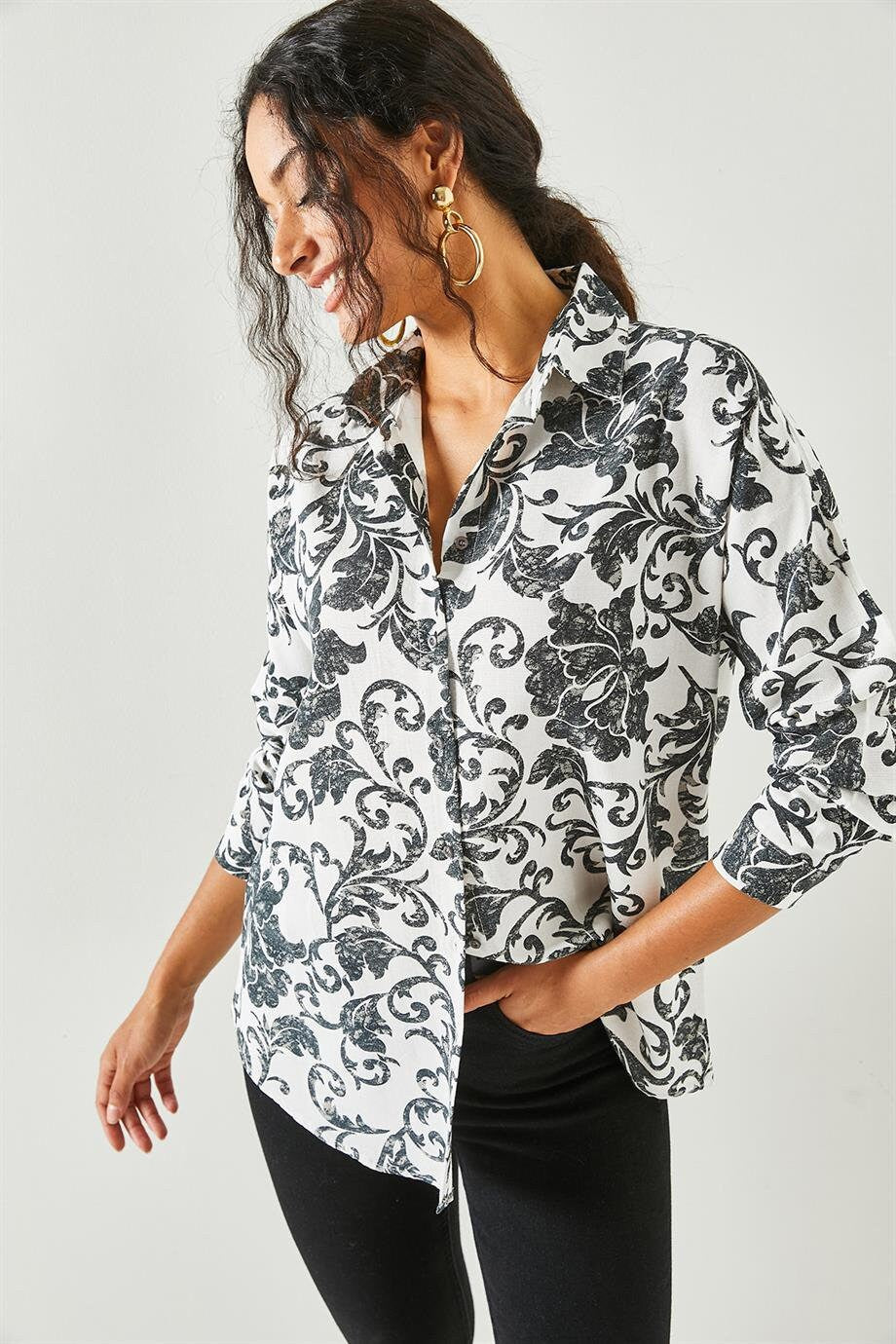 Lola Black Floral Linen Button Down Shirt